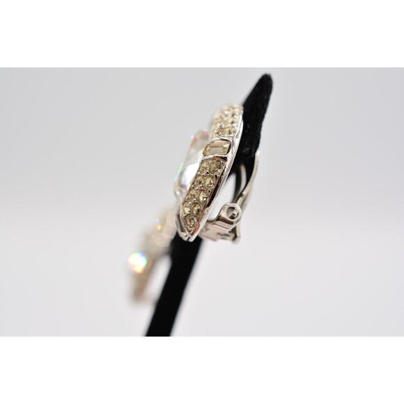 Givenchy Crystal Clip Earrings Baguette Rhinestone Oval Silver Tone Signed 9D - Picture 10 of 12